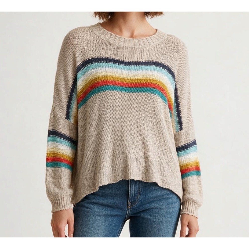 WOODEN SHIPS SWEATER Light Airy Knit BEIGE w/RAINBOW STRIPES Boxy Oversized S/M